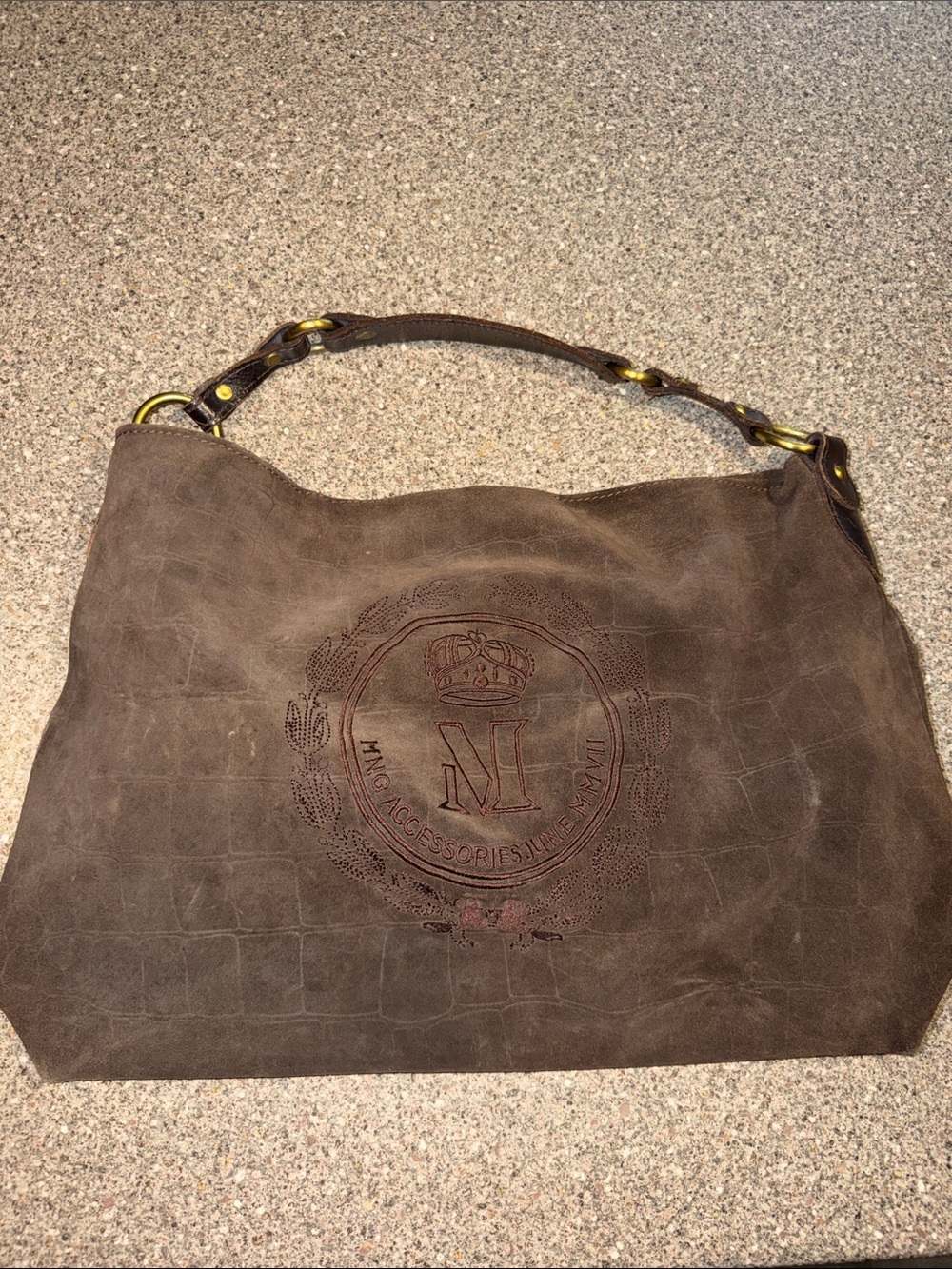 Mng Mango Dark Brown Suede Shoulder Bag with Embroidered Crest